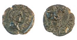 COLECCIÓN CORES. OSICERDA. TIBERIO. As. A/ Cabeza laureada a der.; TI CAESAR AVGVSTVS. R/ Toro a der.; MVN OSICERDA. AE 9,44 g. 27 mm. RPC-468. APRH-468. ACIP-3234. CC-5132, mismo ejemplar. Vanos. Pátina verde. EBC. Escasa. Ex Áureo 18/10/2018.