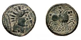 COLECCIÓN CORES. SEGOBRIGA. Ante 44 a. C. As. A/ Cabeza masculina a der., delante delfín, detrás palma. R/ Jinete lancero a der., debajo SEGOBRIS. AE 10,17 g. 24 mm. APRH-p. 285. ACIP-1842. CC- 5134, mismo ejemplar. Pátina verde oscuro. MBC.