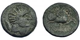 COLECCIÓN CORES. SEGOBRIGA. Ante 44 a. C. As. A/ Cabeza masculina a der., delante delfín, detrás palma. R/ Jinete lancero a der., debajo SEGOBRIS. AE 19,05 g. 24 mm. APRH-p. 285. ACIP-1842. CC- 5135, mismo ejemplar. Pátina verde oscuro. MBC+.