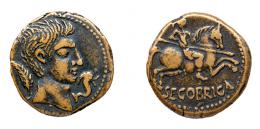 COLECCIÓN CORES. SEGOBRIGA. AUGUSTO. As. A/ Cabeza a der., delante delfín, detrás palma. R/ Jinete lancero a der., debajo SEGOBRIGA. AE 9,61 g. 21 mm. RPC-470. APRH-470a. ACIP-1844 y 3240. CC- 5136, mismo ejemplar. MBC.
