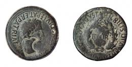 17 - COLECCIÓN CORES. BILBILIS. AUGUSTO. As. A/ Cabeza laureada a der.; AVGVSTVS DIVI F PATER PATRIAE. R/ Corona cívica rodeando II-VIR, alrededor MVN AVGVSTA BILBILIS- L COR CALIDO L SEMP RVTILO. Contramarca cabeza de águila en anv. AE 12,20 g. 28 mm. RPC-395. APRH-395. ACIP-3020. CC-4845, mismo ejemplar. Pátina oscura. MBC/MBC-.