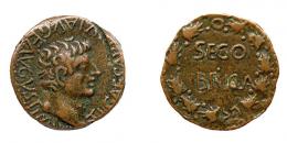 COLECCIÓN CORES. SEGOBRIGA. TIBERIO. Semis. A/ Cabeza a der.; TI CAESAR DIVI AVG F AVGVST IMP VIII. R/ Corona cívica rodeando SEGO/BRIGA. AE 8,75 g. 21 mm. RPC-475. APRH-475. ACIP-3245. CC-5145, mismo ejemplar. Defecto de cospel en anv. MBC.