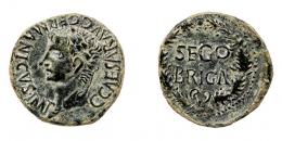 COLECCIÓN CORES. SEGOBRIGA. CALÍGULA. Semis. A/ Cabeza laureada a izq.; C CAESAR AVG GERMANICVS IMP. R/ Corona cívica rodeando SEGO/BRIGA. AE 4,66 g. 23 mm. RPC-477. APRH-477. ACIP-3247. CC-5154, mismo ejemplar. Pátina verde. MBC/MBC+. Escasa.