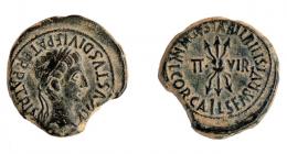 18 - COLECCIÓN CORES. BILBILIS. AUGUSTO. Semis. A/ Cabeza laureada a der.; AVGVSTVS DIVI F PATER PATRIAE. R/ Haz de rayos; II-VIR, alrededor MVN AVGVSTA BILBILIS L COR CALI L SEMP RVTI. AE 7,19 g. 22 mm. RPC-396. APRH-396. ACIP-3021. CC-4849, mismo ejemplar. Cospel irregular. Pátina verde. MBC. Muy escasa. Ex Martí-Hervera, Soler y Llach, 3/5/2011, lote 2129.
