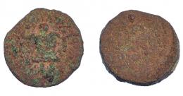 COLECCIÓN CORES. EBUSUS. ¿TIBERIO-CALÍGULA? Semis. A/ Bes con maza y serpiente a der.; a der. INS AVGV, a izq. 'ybsm. R/ Bes con maza y serpiente a der.; a der. INS AVGV, a izq. 'ybsm. AE 2,64 g. 17 mm. RPC-481. APRH-481. ACIP-3183. CC-5164, mismo ejemplar. Superficies erosionadas. RC.
