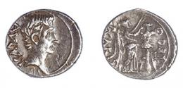 COLECCIÓN CORES. EMERITA. AUGUSTO. Quinario (25-23 a.C.). A/ Cabeza a der.; AVGVST. R/ Victoria coronando trofeo a der.; P CARISI LEG. AR 1,77 g. 14 mm. RIC-1a. ACIP-4431. CC-5176, mismo ejemplar. Hojita en anv. MBC+.