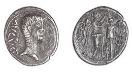 COLECCIÓN CORES. EMERITA. AUGUSTO. Quinario (25-23 a.C.). A/ Cabeza a der.; AVGVST. R/ Victoria coronando trofeo a der.; P CARISI LEG. Arte degenerado, posible imitación. AR 1,65 g. 13 mm. RIC-1a. ACIP-4431. CC-5179, mismo ejemplar. Rayitas. MBC. Muy rara.