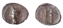 COLECCIÓN CORES. EMERITA. AUGUSTO. Quinario (25-23 a.C.). A/ Cabeza a izq.; AVGVST. R/ Victoria coronando trofeo a der.; P CARISI LEG. AR 1,86 g. 16 mm. RIC-1b. ACIP-4432. CC-5180, mismo ejemplar. Pátina oscura. MBC-/MBC.