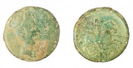 2 - COLECCIÓN CORES. BILBILIS. AUGUSTO. As. A/ Cabeza a der.; delante (BILBILIS). R/ Jinete lancero a der., debajo (ITALICA). AE 12,11 g. 28 mm. RPC-387. APRH-387. ACIP-1582. CC-4814, mismo ejemplar. Pátina verde. BC-/BC.