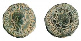 22 - COLECCIÓN CORES. BILBILIS. CALÍGULA. As. A/ Cabeza laureada a der.; G CAESAR AVG GERMANICVS IMP. R/ Corona cívica rodeando (II VIR), alrededor MVN AVG BILBIL C COR REF M HELV FRONTO. AE 11,46 g. 29 mm. RPC-400. APRH-400. ACIP-3026. CC-4859, mismo ejemplar. Vano en rev. Pátina verde. BC+. Escasa.