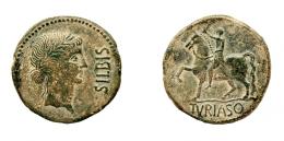 25 - COLECCIÓN CORES. TURIASO. As. A/ Cabeza femenina laureada y con moño a der.; SILBIS. R/ Jinete a izq. con brazo levantado, bajo línea TVRIASO. AE 12,21 g. 28 mm. RPC-401. APRH-401. ACIP-1737. CC-4862, mismo ejemplar. Pátina verde. MBC.
