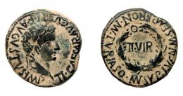 44 - COLECCIÓN CORES. TURIASO. TIBERIO. As. A/ Cabeza laureada a der.; TI CAESAR AVG F AVGVSTVS IMP. R/ Corona cívica rodeando II VIR; MVN TVRIASO MN SVLP LVCAN M SEMP FRONT. AE 12,21 g. 22 mm. RPC-S5 413/96, mismo ejemplar. APRH-413a vte. ley. rev. ACIP-3286 d. CC-4892, mismo ejemplar. Pátina verde oscuro terrosa. MBC.