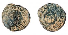 46 - COLECCIÓN CORES. TURIASO. TIBERIO. As. A/ Cabeza laureada a der.; TI CAESAR AVG F AVGVSTVS IMP. R/ Corona cívica rodeando II VIR; MVN TVRIASO MN SVLP LVCAN M SEMP FRONT. Contramarca TVR en anv. AE 10,68 g. 30 mm. RPC-413. APRH-413. ACIP-3286. CC-4897, mismo ejemplar. BC+/BC.