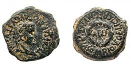 48 - COLECCIÓN CORES. TURIASO. TIBERIO. Semis. A/ Cabeza laureada a der.; TI CAESAR AVG F AVGVSTVS IMP. R/ Corona cívica rodeando AED; MVN TVRIASO MARIO VEGE LICI CRES. AE 7,28 g. 25 mm. RPC-415b, APRH-414. ACIP-3288a. CC-4903, mismo ejemplar. Pátina oscura. MBC-/MBC. Muy escasa.