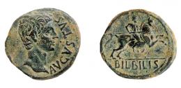 5 - COLECCIÓN CORES. BILBILIS. AUGUSTO. As. A/ Cabeza a der.; delante AVGVSTVS. R/ Jinete lancero a der., debajo BILBILIS. AE 10,86 g. 29 mm. RPC-389. APRH-389. ACIP-3014. CC-4821, mismo ejemplar. Pátina verde oscuro. MBC+/MBC.