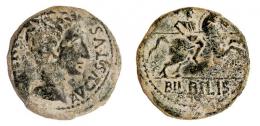 6 - COLECCIÓN CORES. BILBILIS. AUGUSTO. As. A/ Cabeza a der.; delante AVGVSTVS (DIVI F). R/ Jinete lancero a der., debajo BILBILIS. AE 12,88 g. 28 mm. RPC-390. APRH-390. ACIP-3015. CC-4823, mismo ejemplar. Pátina verde terrosa. MBC-.