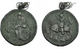 637  -  JUANA Y FELIPE EL HERMOSO (1504-1511). Sello pendiente en plomo. Gran parte de las leyendas legibles. 83 mm. FN-p. 157, nº. 17. Guglieri-618. MBC-. Muy rara.