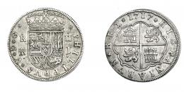 660  -  FELIPE V. 2 reales. 1717. Segovia. J. Con florones en rev. VI-759. AC-944. Vte. de corona. EBC-.