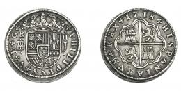 664  -  FELIPE V. 2 reales. 1718. Segovia. J. Acueducto grande. Con adornos en ley. y puntos en anv. VI-762 vte. AC-947. MBC+.