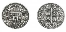 665  -  FELIPE V. 2 reales. 1718. Segovia. J. Acueducto grande. Con puntos. Vte. de corona. Adornos en ley. VI-762 vte. AC-947. MBC+.