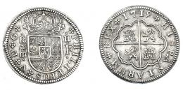 670  -  FELIPE V. 2 reales. 1719. Segovia. F. Con 4 puntos en anv. VI-765. AC-950. EBC-/MBC+.