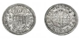 671  -  FELIPE V. 2 reales. 1720. Segovia. F. Con 4 puntos en anv. VI-766. AC-951. MBC+. Muy escasa.