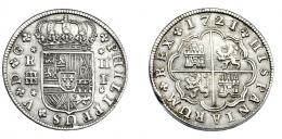 672  -  FELIPE V. 2 reales. 1721. Segovia. F. Acueducto pequeño. Con flores de 5 en anv. VI-767. AC-954. Golpe en canto. MBC+.