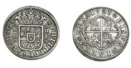 677  -  FELIPE V. 2 reales. 1723. Segovia. F. Con flores de 4 pétalos en anv. y 6 en ley. VI-769 vte. AC-958 vte. MBC+/MBC.