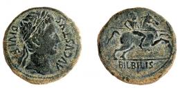 8 - COLECCIÓN CORES. BILBILIS. AUGUSTO. As. A/ Cabeza laureada a der.; delante AVGVSTVS DIVI F. R/ Jinete lancero a der., debajo BILBILIS. AE 13,75 g. 29 mm. RPC-391. APRH-391a. ACIP-3016. CC-4827, mismo ejemplar. Pátina verde. MBC-.