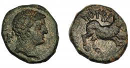 1001 - HISPANIA ANTIGUA. ABARILTUR. Semis. A/ Cabeza masculina a der., detrás Ba.N. R/ Toro corriendo a der., encima ABaRILTu. AE 4,75 g. 17,7 mm. I-3. ACIP-2087 (vte. ley. rev.). Campo del rev. ligeramente repasaod. Pátina verde oscuro. MBC. Rara.