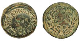 1012 - HISPANIA ANTIGUA. ACCI. Dupondio. Tiberio. A/ Cabeza laureada a izq.; TI CAESAR DIVI F AV(GVTVS). R/ Corona cívica rodeando COL (IVL)/GEM (ACCI). AE 26,21 g. 33,6 mm. I-38. APRH-138. ACIP-3006. Pátina oscura. BC+/BC. Escasa.