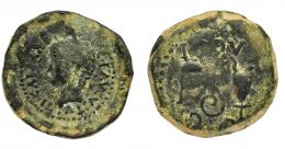 1014 - HISPANIA ANTIGUA. ACCI. Semis. Tiberio. A/ Cabeza laureada a izq.; TI CAESAR (DIVI AV)G F AVGVSTVS. R/ Instrumentos sacerdotales; C I G/ AC(CI). AE 10,66 g. 25,4 mm. I-40. APRH-140. ACIP-3008. Pátina oscura con erosiones. BC+/MBC-. Escasa.