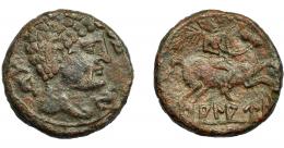 1021 - HISPANIA ANTIGUA. ALAUN. As. A/ Cabeza masculina con torques a der., alrededor tres delfines. R/ Jinete con palma a der., debajo, dobre línea, ley. ibérica ALAUN. AE 14,07 g. 26,5 mm. I-62. ACIP-1470. Golpecito en anv. Pátina rojiza. MBC-. Muy escasa.