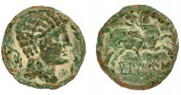 1022 - HISPANIA ANTIGUA. ALAUN. As. A/ Cabeza masculina con torques a der., alrededor tres delfines. R/ Jinete con palma a der., debajo, dobre línea, ley. ibérica ALAUN. AE10,10 g. 26 mm. I-62. ACIP-1470. Pequeñas marcas. Pátina verde claro. MBC-. Muy escasa.