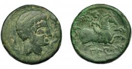 1023 - HISPANIA ANTIGUA. ALAUN. As. A/ Cabeza masculina conpeinado en tres filas, alrededor tres delfines. R/ Jinete con palma a der., debajo, dobre línea, ley. ibérica ALAUN. AE 14,42 g. 27,9 mm. I-62 vte. estilo. ACIP-1471. Múltiples rayitas. Pátina verde. BC+/MBC-. Rara.