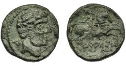 1025 - HISPANIA ANTIGUA. ARATIKOS. As. A/ Cabeza masculina a der., delante ¿delfín?, detrás signo ibérico A. R/ Jinete con lanza a der., debajo ARATiKoS. AE 8,28 g. 23 mm. I-67. ACIP-1806. Pátina oscura. MBC. Muy escasa. Compra privada a Pliego (1998).