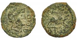 HISPANIA ANTIGUA. CASTULO. Cuadrante. A/ Cabeza laureada a der., delante AP CLO. R/ Jabalí a der., encima C AVF, exergo A POS. AE 2,44 g. 18,5 mm. I-no. ACIP-2162. Pátina verde. BC-. Muy rara.
