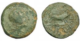 HISPANIA ANTIGUA. CELTITAN. As. A/ Cabeza masculina diademada a der. R/ Jabalí sobre punta de lanza a der.; CELTITAN. AE 20,72 g. 31,7 mm. I-822. ACIP-2427. Pátina verde con erosiones. BC/BC+. Rara.