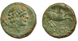 HISPANIA ANTIGUA. KONTERBIA KARBIKA. Divisor. A/ Cabeza masculina a der., detrás delfín. R/ Caballo con rienda suelta a der., bajo línea KaRBiKa. AE 4,1 g. 18,8 mm. I-854. ACIP-1831. Pátina verde. MBC-.