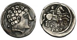 1031 - HISPANIA ANTIGUA. AREKORATAS. Denario. A/ Cabeza masculina con collar a der., detrás glóbulo. R/ Jinete con lanza a der., debajo AREKoR/ATaS. AR 3,89 g. 18,1 mm. I-110. ACIP-1760. Cospel abierto. MBC. Rara.