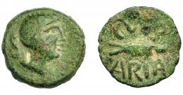 HISPANIA ANTIGUA. CUMBARIA. Semis. A/ Cabeza masculina a der., delante palma, detrás S. R/ Atún a der., CVNB/ARIA. AE 4,33 g. 19,7 mm. I-877. ACIP-2620. Pátina verde con pequeñas erosiones. BC+/MBC-.