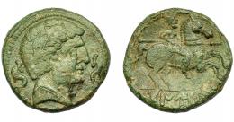 HISPANIA ANTIGUA. TAMUSIA. Unidad. A/ Cabeza masculina a der., delante y detrás delfín. R/ Jinete lancero a der., debajo bajo línea TAMUSIA. AE 9,5 g. 23,7 mm. I-894. ACIP-1618. Pátina verde. MBC.