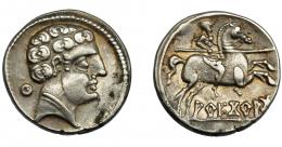 1033 - HISPANIA ANTIGUA. AREKORATAS. Denario. A/ Cabeza masculina a der., detrás signo ibérico Ku. R/ Jinete con lanza a der., dos pies visisbles; debajo sobre línea AREKoRATa. AR 4,02 g. 17,9 mm. I-105 vte. ACIP-1774. MBC+. Compra privada a Pliego (1992).