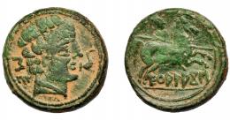 HISPANIA ANTIGUA. EKUALAKOS. Unidad. A/ Cabeza masculina con collar a der., delante delfín, detrás signos ibéricos SE. R/ Jinete lancero a der., debajo sobre línea EKuALAKoS. AE 10,85 g. 25,2 mm. I-970. ACIP-1846. Pequeñas marcas. Pátina verde. MBC-. Ex Áureo, 2-2-1993, lote 115.