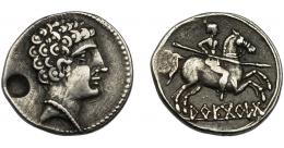 1034 - HISPANIA ANTIGUA. AREKORATAS. Denario forrado. A/ Cabeza masculina a der., detrás punzón circular. R/ Jinete con lanza a der.; debajo sobre línea AREKoRATa. AR 4'00 g. 17,8 mm. I-98? ACIP-1776. MBC+/MBC. Rarísima, no más de 3 ejemplares conocidos. Ex Áureo, 27-1-1994, lote 129.