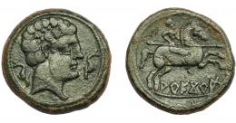 1036 - HISPANIA ANTIGUA. AREKORATAS. As. A/ Cabeza masculina a der. entre dos delfines. R/ Jinete lancero a der., debajo sobre línea AREKoRATa (signos A y Ta nexados). AE 11,70 g. 25,6 mm. I-117. ACIP-1778. Pátina verde oscuro. MBC. Ex Áureo, 19-10-1994, lote 1126.
