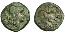 HISPANIA ANTIGUA. UNTIKESKEN. Cuadrante. A/ Cabeza de Palas a der., delante signo ibérico E. R/ León a der., encima láurea, debajo (UN)TiKeSKeN. AE 5,59 g. 18,4 mm. I-1229. ACIP-1001. Pátina verde oscuro. BC+. Ex Pliego, 18-12-1998.
