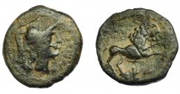 HISPANIA ANTIGUA. UNTIKESKEN. Cuadrante. A/ Cabeza de Palas a der., delante UNTiKeSKeN poco visible. R/ León a der., debajo signo E-. AE 4,78 g. 20,2 mm. I-1231. ACIP-1014. Pátina verde oscuro. BC/MBC-. Ex Hervera, 15-4-1997.
