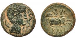 HISPANIA ANTIGUA. ESO. Unidad. A/ Cabeza masculina a der., delante dos deflines, detrás signo Ke. R/ Jinete con palma y clámide a der., debajo ESO. AE 10,33 g. 25,8 mm. I-1292. ACIP-1290. Pátina ocura. BC+/MBC-. Ex Vico, 17-6-1993, lote 1419.