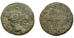1038 - HISPANIA ANTIGUA. ARSA. Unidad. A/ Cabeza masculina a izq., alrededor (A)R(SA). R/ Palma, ley. libio-fenicia poco visible. AE 9,48 g. 26,6 mm. I-131. ACIP-910. Superficies rugosas. BC. Muy rara. Ex Áureo, 22-10-1997, lote 224.